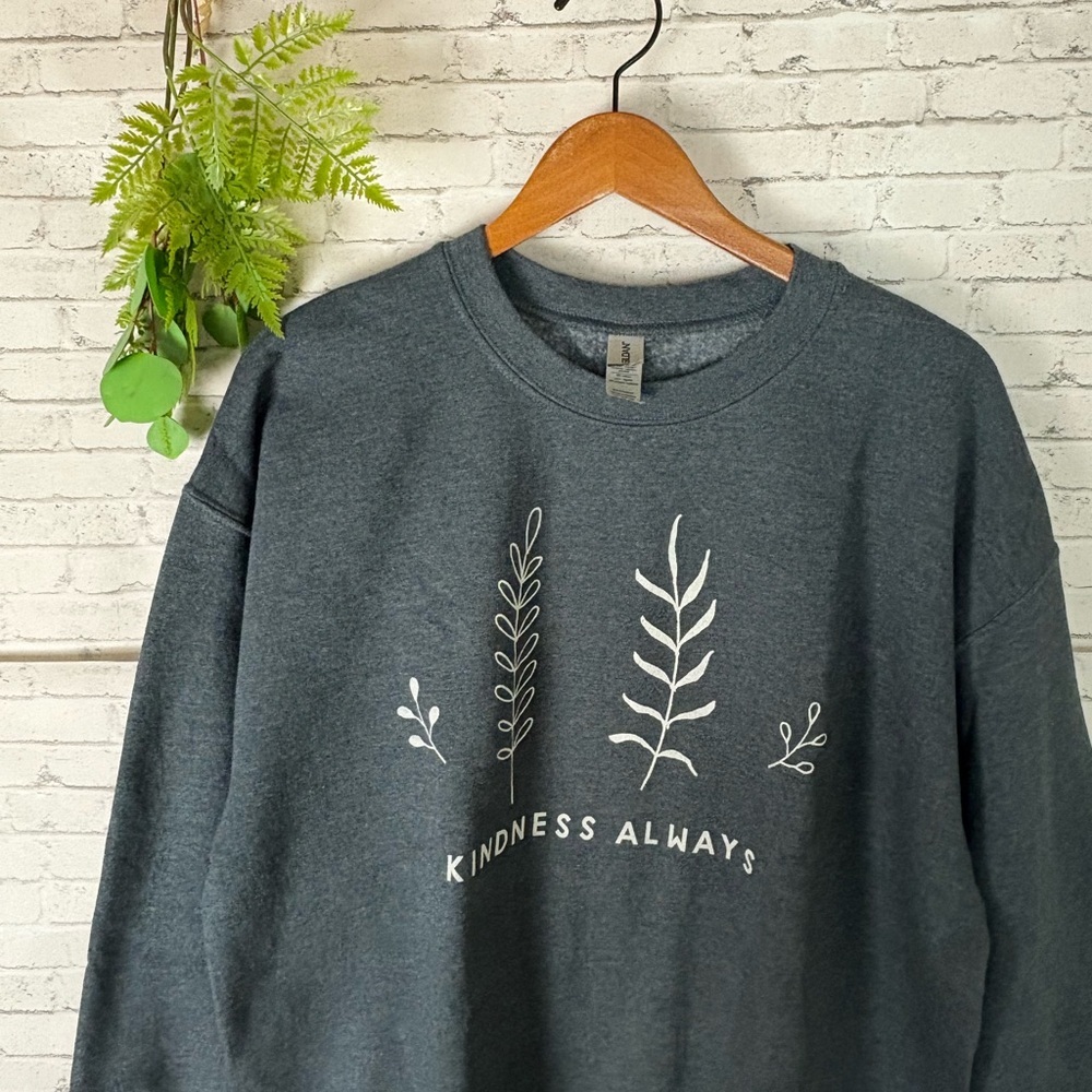 Minimalist Art Ferns Leaves Kindness Always Charcoal Gray Crewneck Sweatshirt - Picture 4 of 4